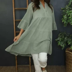 Imelda Tiered Cotton Tunic Khaki