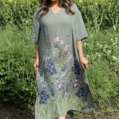 Lyla Floral Linen Dress Khaki