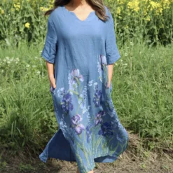 Lyla Floral Linen Dress Blue