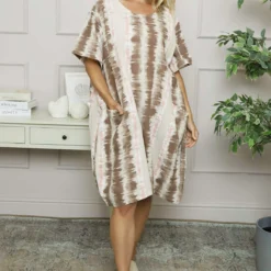 Milana Pattern Linen Dress Stone