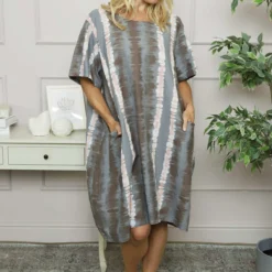 Milana Pattern Linen Dress Mid Grey