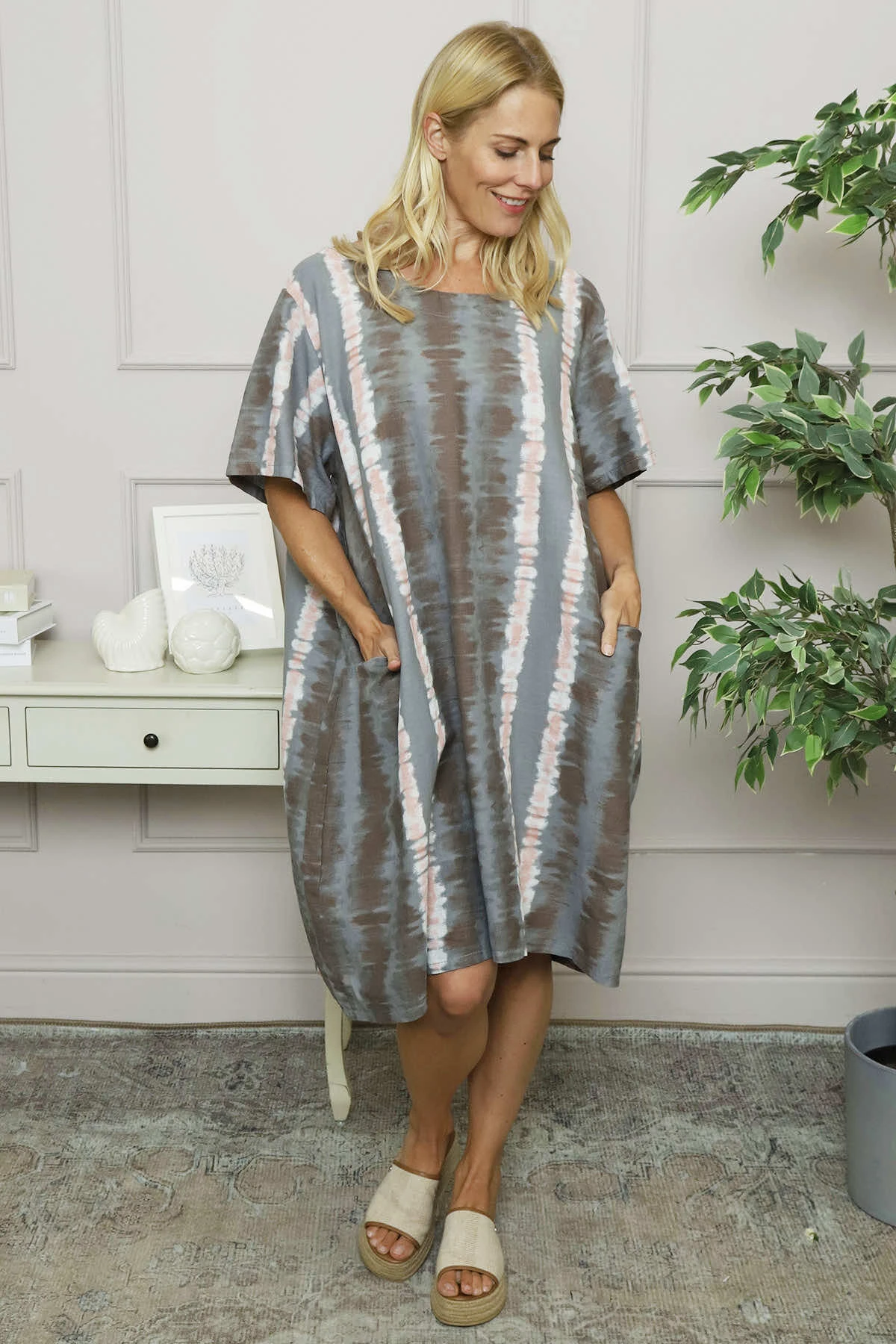 Milana Pattern Linen Dress Mid Grey 3 Milana Pattern Linen Dress Mid Grey