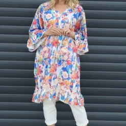 Tahlia Floral Linen Tunic Cobalt