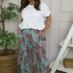 Daphne Paisley Wide Leg Trousers Sage Green