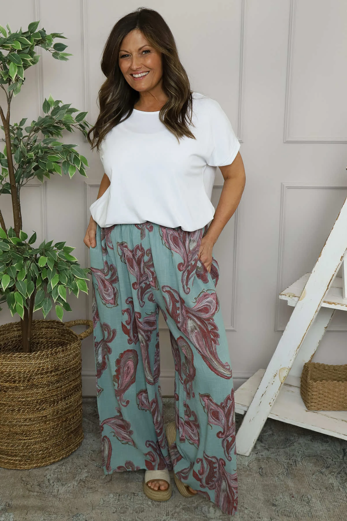 Daphne Paisley Wide Leg Trousers Sage Green 3 Daphne Paisley Wide Leg Trousers Sage Green