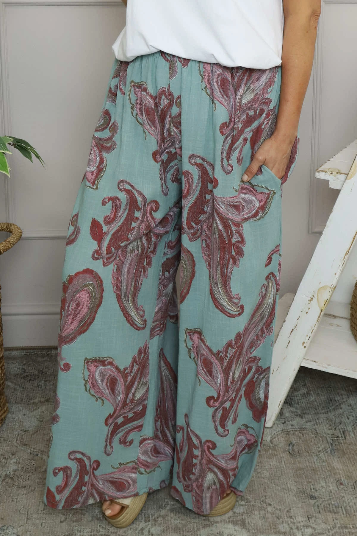 Daphne Paisley Wide Leg Trousers Sage Green 4 Daphne Paisley Wide Leg Trousers Sage Green - Image 2