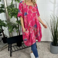 Jolee Floral Print Linen Dress Hot Pink