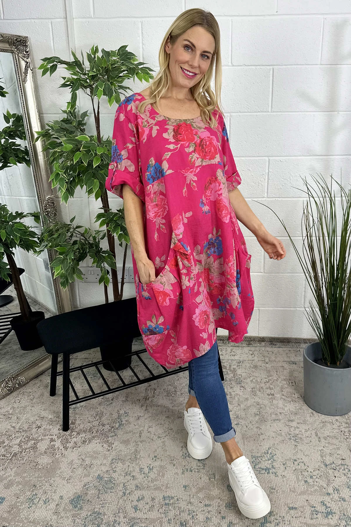 Jolee Floral Print Linen Dress Hot Pink 3 Jolee Floral Print Linen Dress Hot Pink