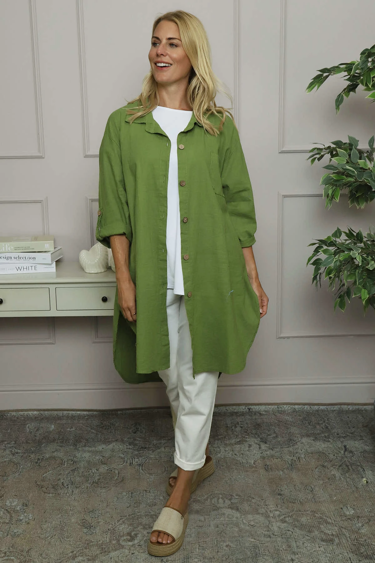 Mariabella Longline Linen Shirt Olive 5 Mariabella Longline Linen Shirt Olive - Image 3
