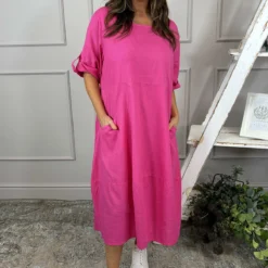 Penelope Pocket Linen Dress Fuchsia