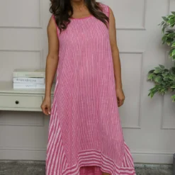 Aubrie Stripe Cotton Dress Fuchsia