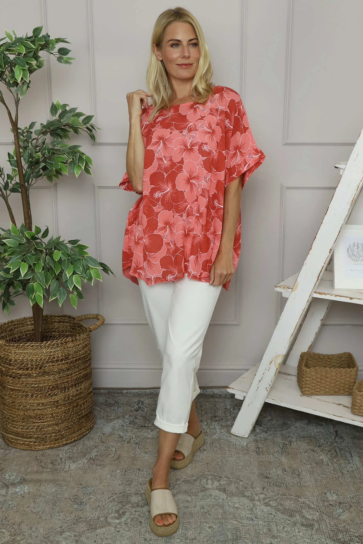 Yolanda Floral Cotton Top Coral 4 Yolanda Floral Cotton Top Coral - Image 2