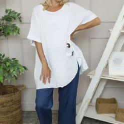 Romilda Button Cotton Top White