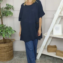 Romilda Button Cotton Top Navy