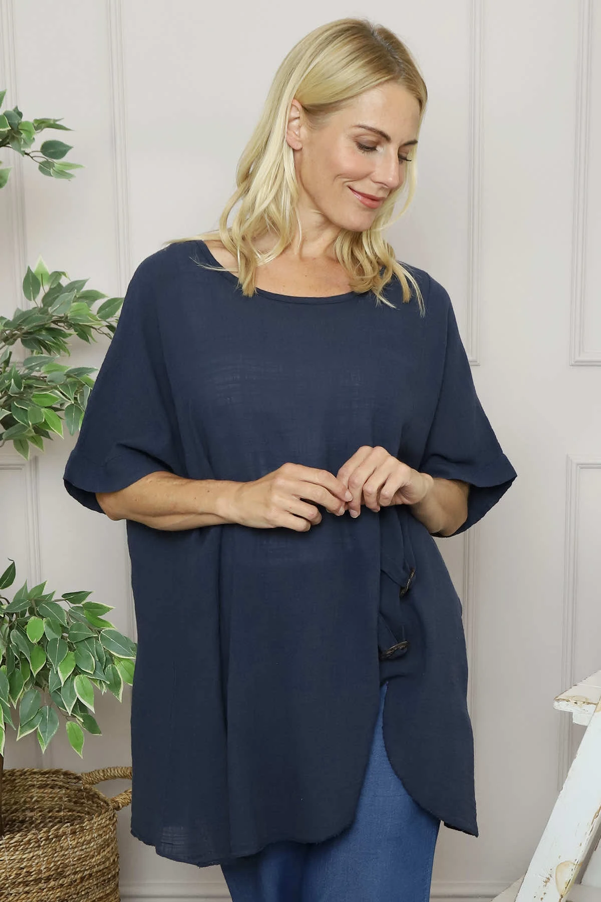 Romilda Button Cotton Top Navy 5 Romilda Button Cotton Top Navy - Image 3