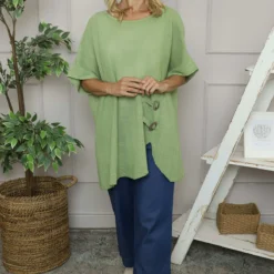 Romilda Button Cotton Top Green