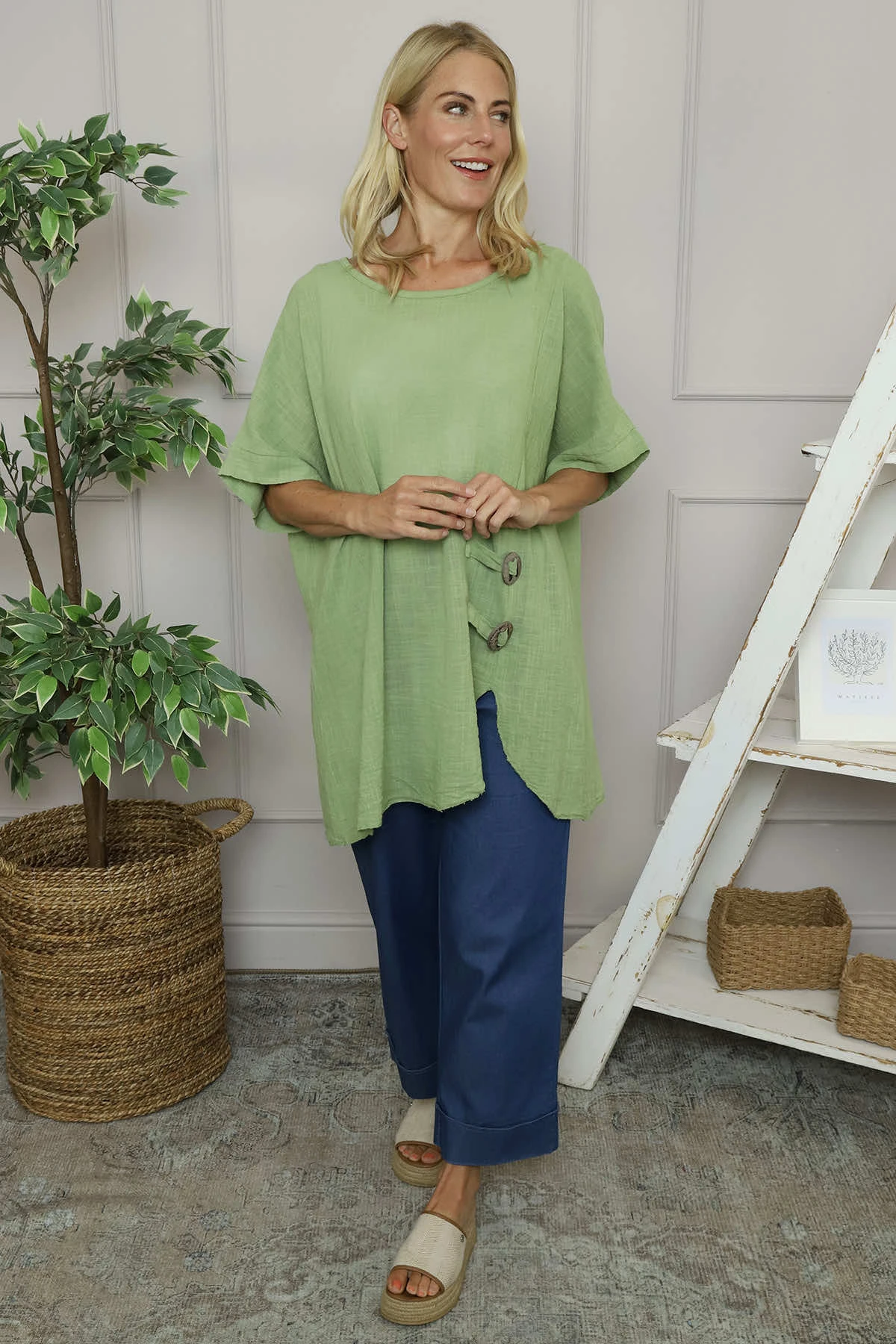 Romilda Button Cotton Top Green 3 Romilda Button Cotton Top Green