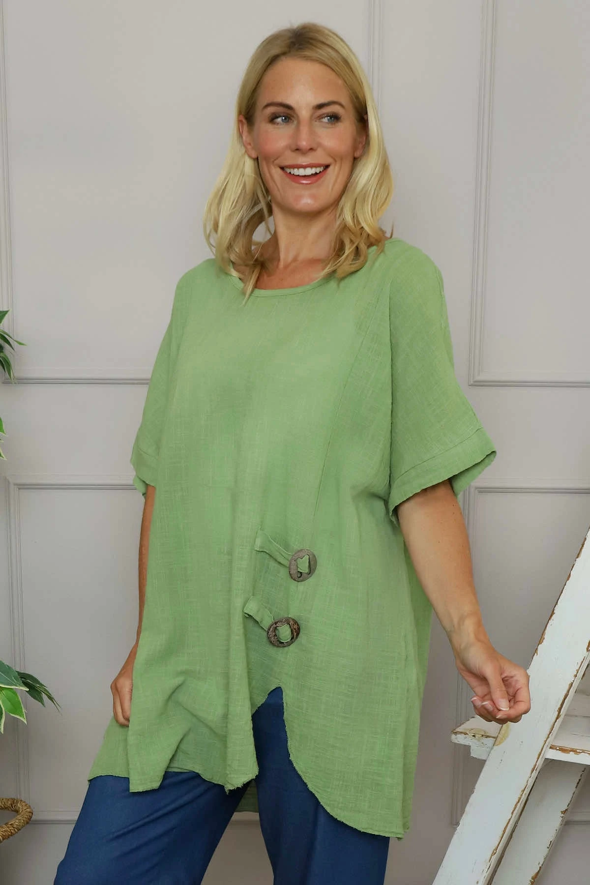 Romilda Button Cotton Top Green 5 Romilda Button Cotton Top Green - Image 3