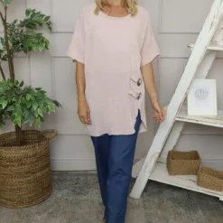 Romilda Button Cotton Top Pink