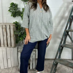 Cassia Stripe Cotton Top Khaki