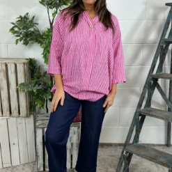 Cassia Stripe Cotton Top Fuchsia