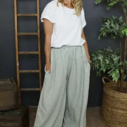 Daphne Gingham Wide Leg Trousers Khaki