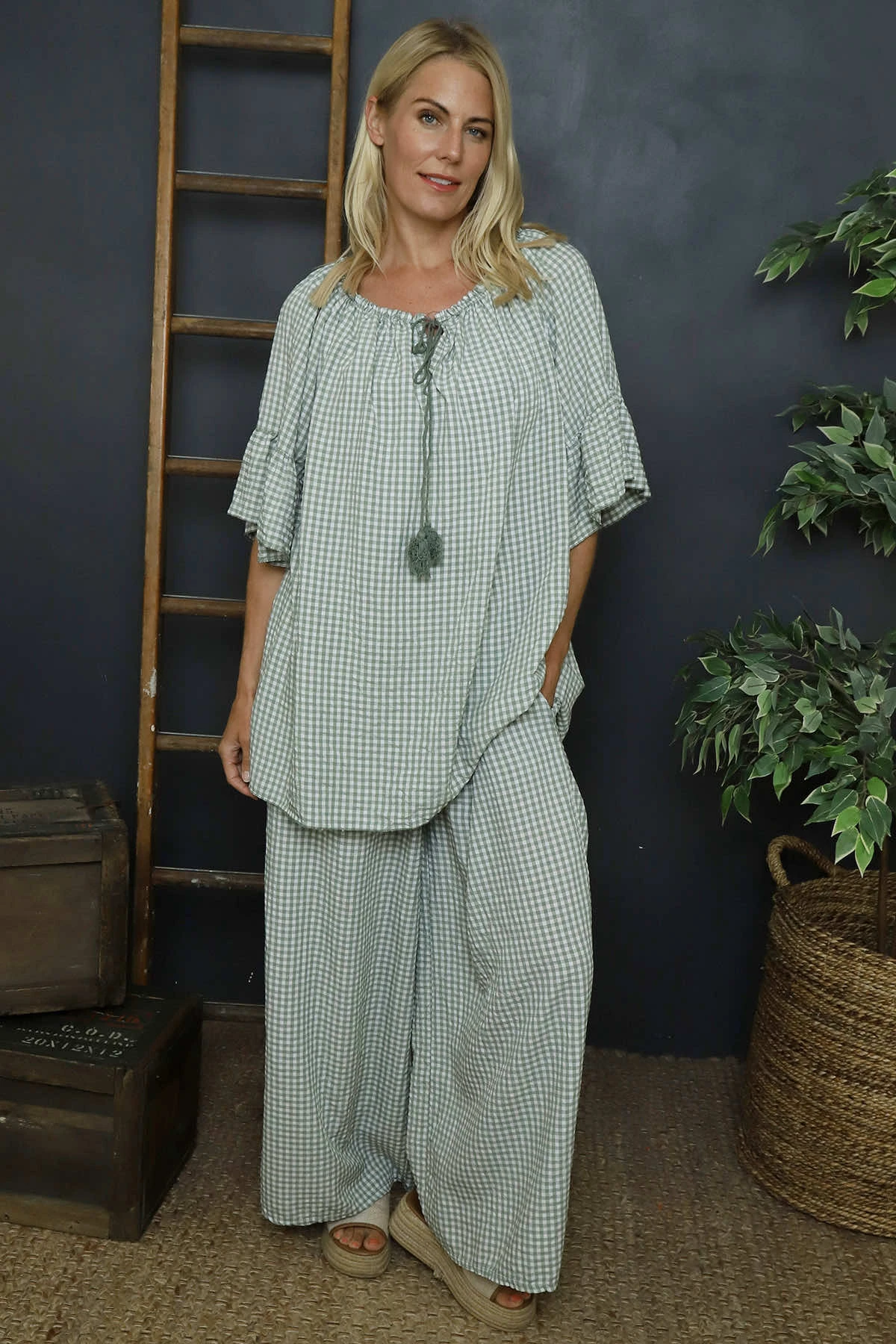 Mirella Gingham Top Khaki 4 Mirella Gingham Top Khaki - Image 2