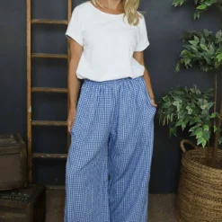 Daphne Gingham Wide Leg Trousers Cobalt