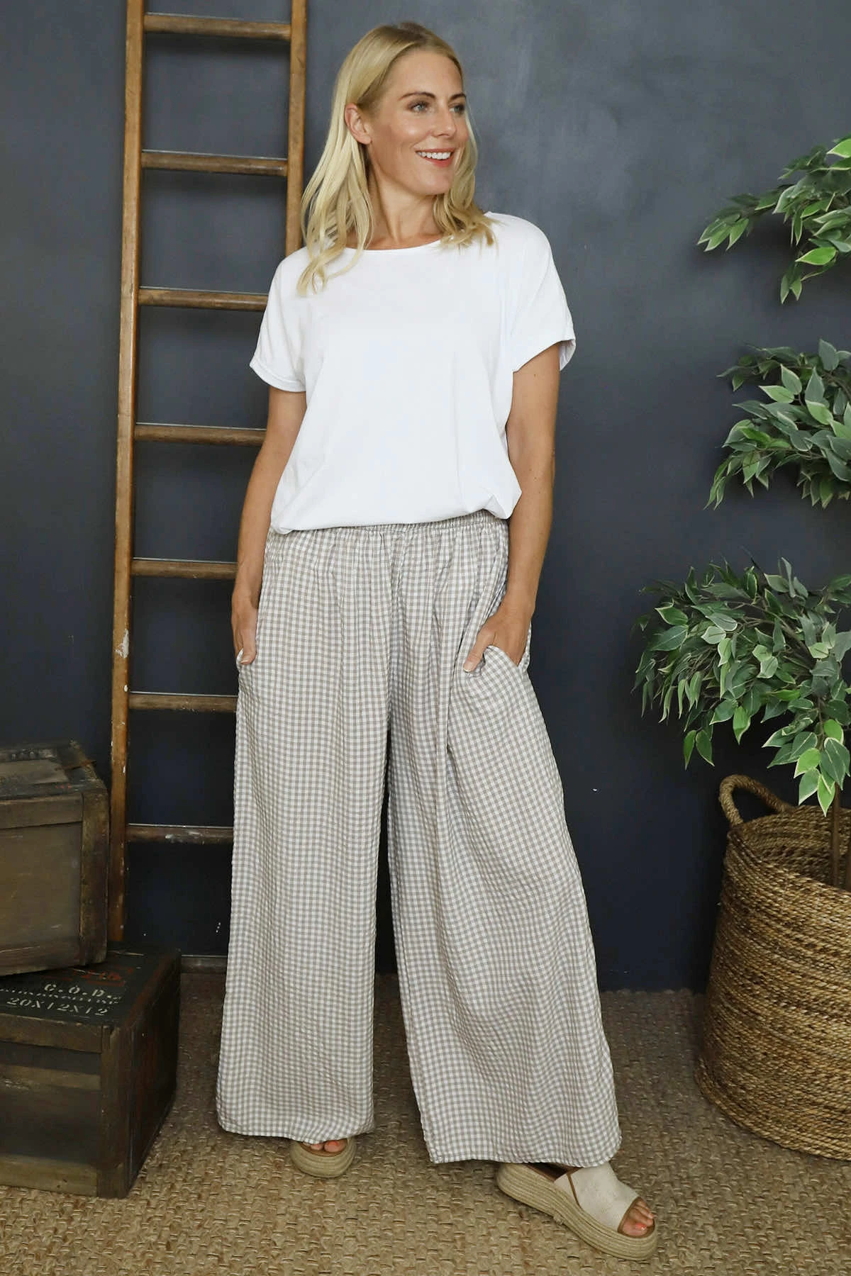 Daphne Gingham Wide Leg Trousers Mocha 3 Daphne Gingham Wide Leg Trousers Mocha