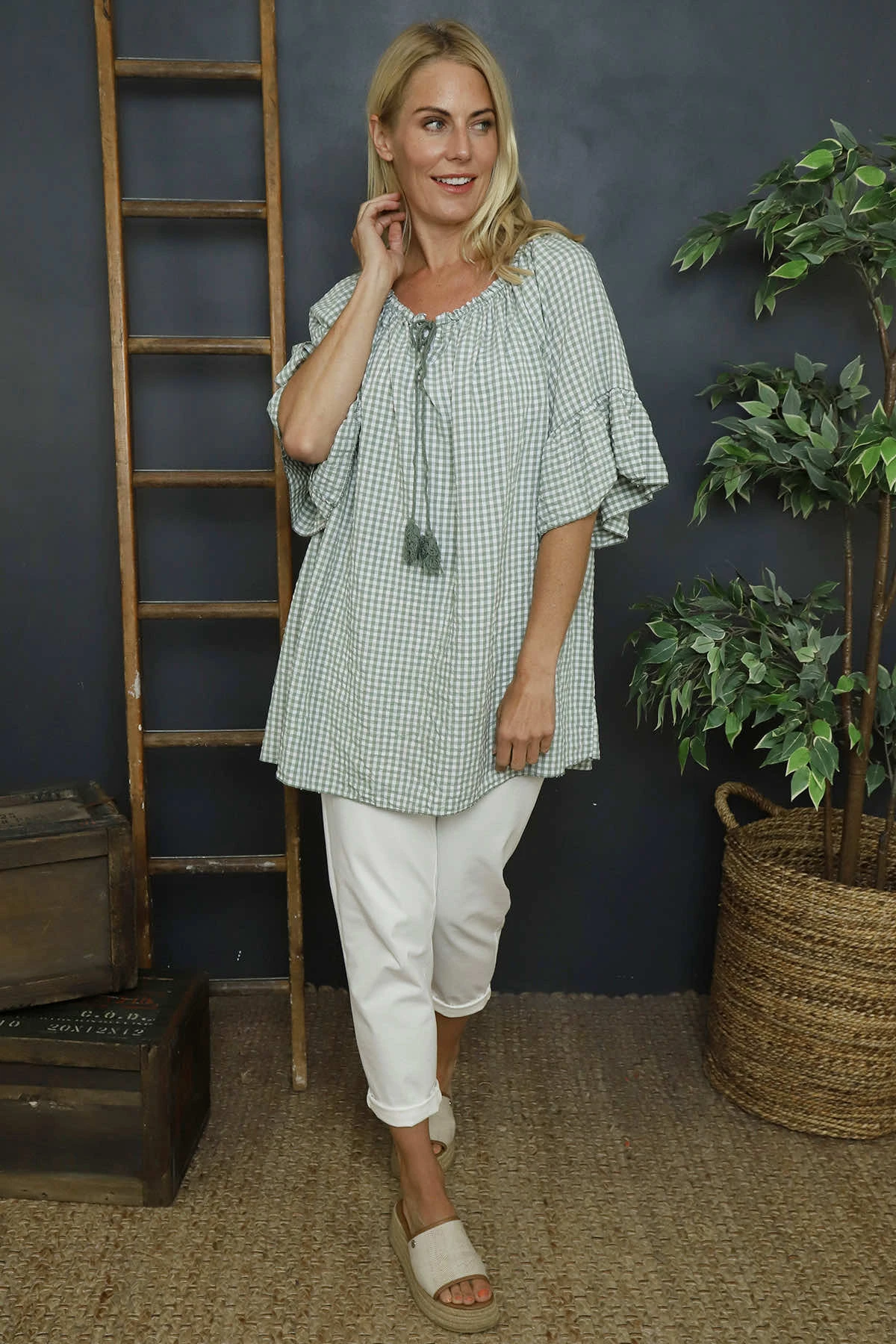 Mirella Gingham Top Khaki 5 Mirella Gingham Top Khaki - Image 3