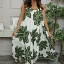 Miren Print Strap Dress Khaki