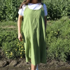 Adina Linen Pinafore Dress Olive