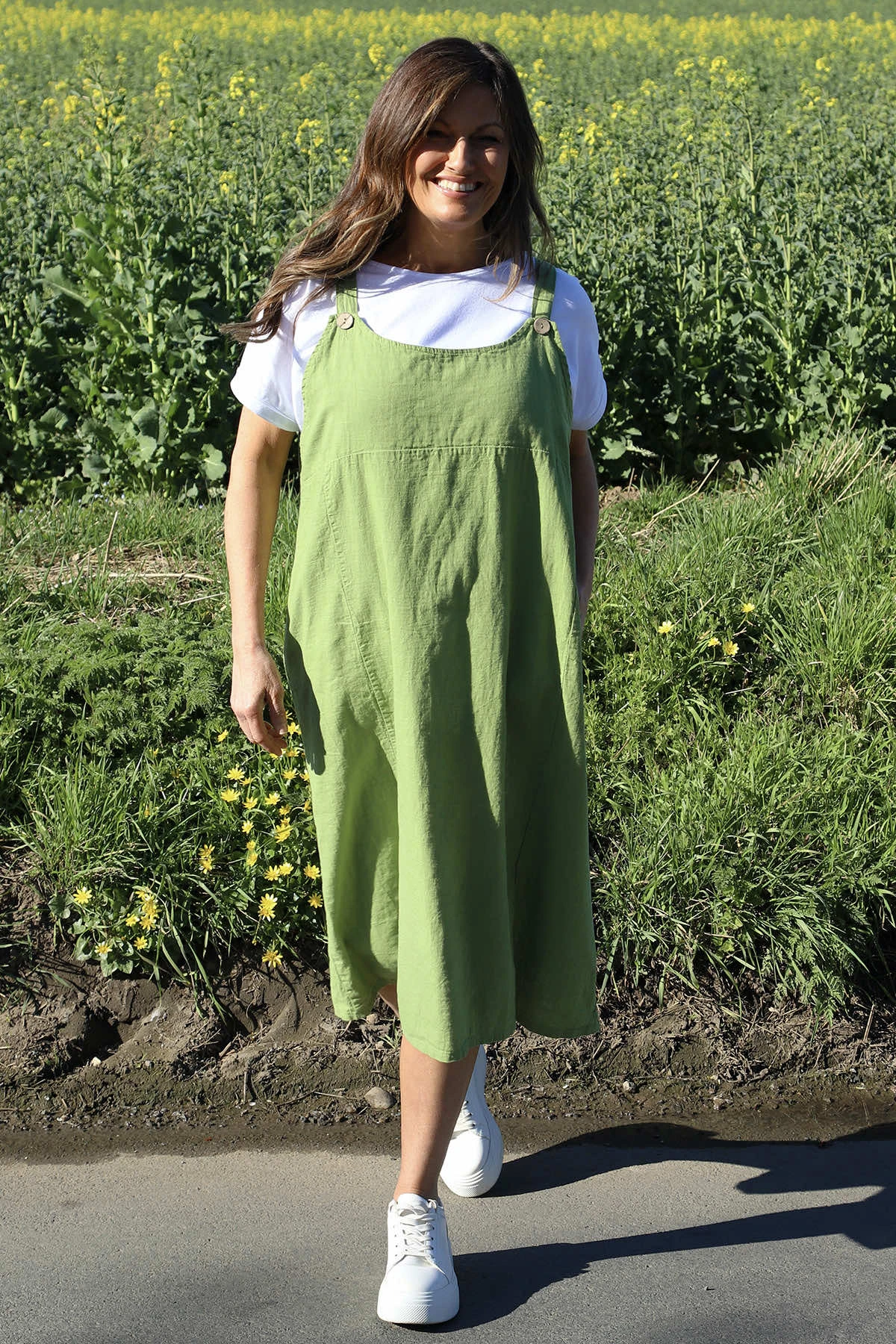 Adina Linen Pinafore Dress Olive 3 Adina Linen Pinafore Dress Olive