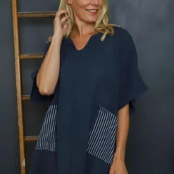 Sabina Stripe Pocket Cotton Top Navy