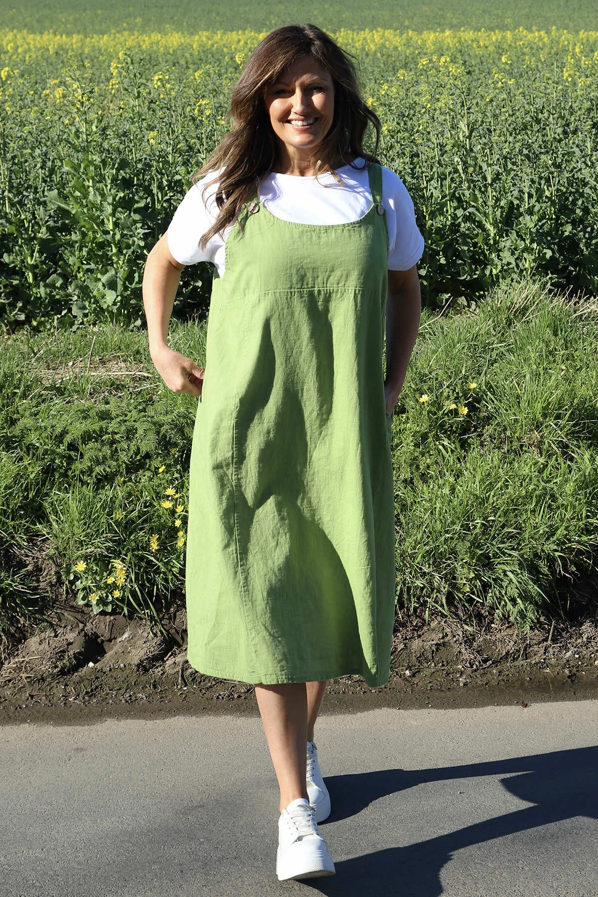 Adina Linen Pinafore Dress Olive 4 Adina Linen Pinafore Dress Olive - Image 2