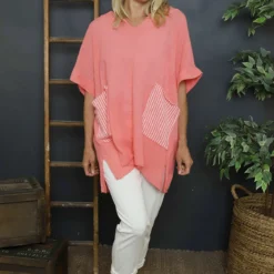 Sabina Stripe Pocket Cotton Top Coral