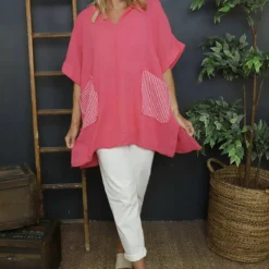 Sabina Stripe Pocket Cotton Top Fuchsia