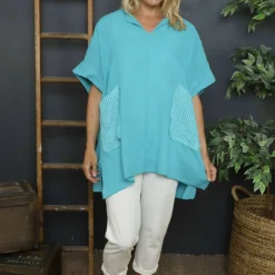 Sabina Stripe Pocket Cotton Top Aqua