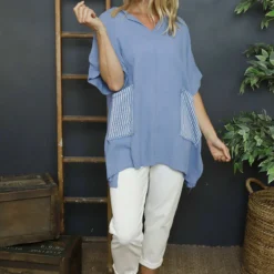 Sabina Stripe Pocket Cotton Top Blue