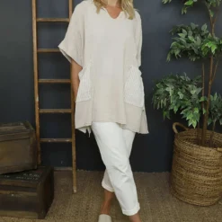 Sabina Stripe Pocket Cotton Top Stone