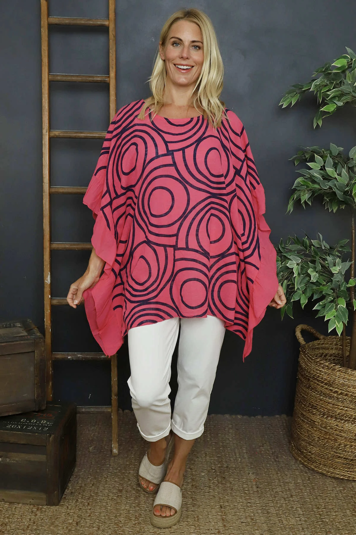 Federica Print Frill Cotton Top Fuchsia 4 Federica Print Frill Cotton Top Fuchsia - Image 2