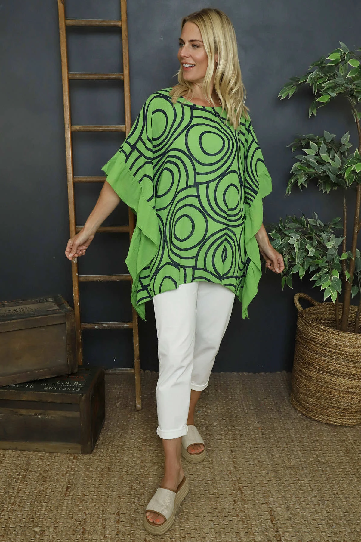 Federica Print Frill Cotton Top Green 3 Federica Print Frill Cotton Top Green