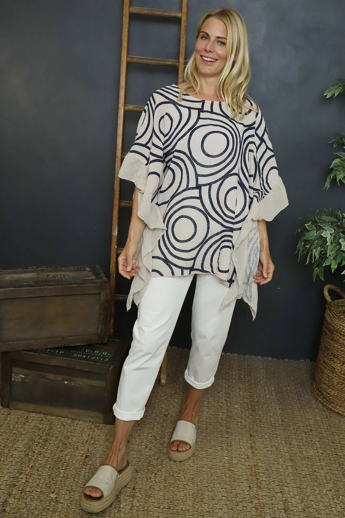 Federica Print Frill Cotton Top Stone 3 Federica Print Frill Cotton Top Stone