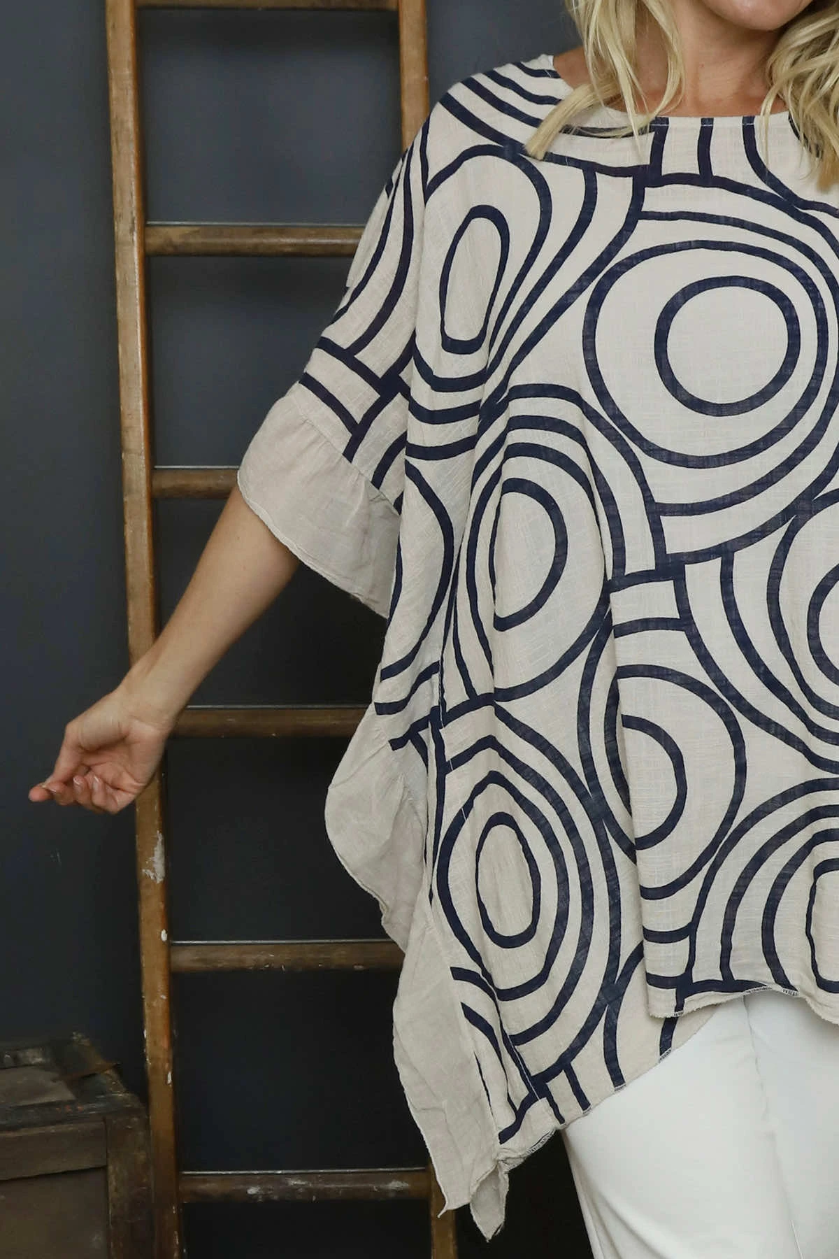 Federica Print Frill Cotton Top Stone 5 Federica Print Frill Cotton Top Stone - Image 3