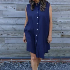 Solaine Sleeveless Linen Dress Navy