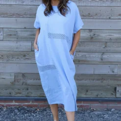 Felicia Crochet Detail Linen Dress Powder Blue