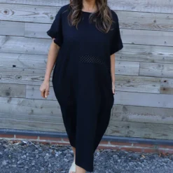 Felicia Crochet Detail Linen Dress Black