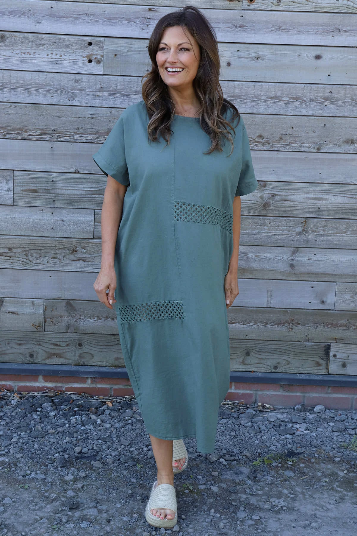 Felicia Crochet Detail Linen Dress Khaki 3 Felicia Crochet Detail Linen Dress Khaki