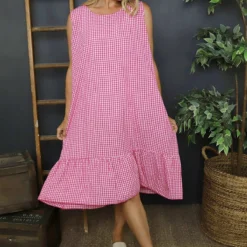 Imani Sleeveless Gingham Dress Fuchsia