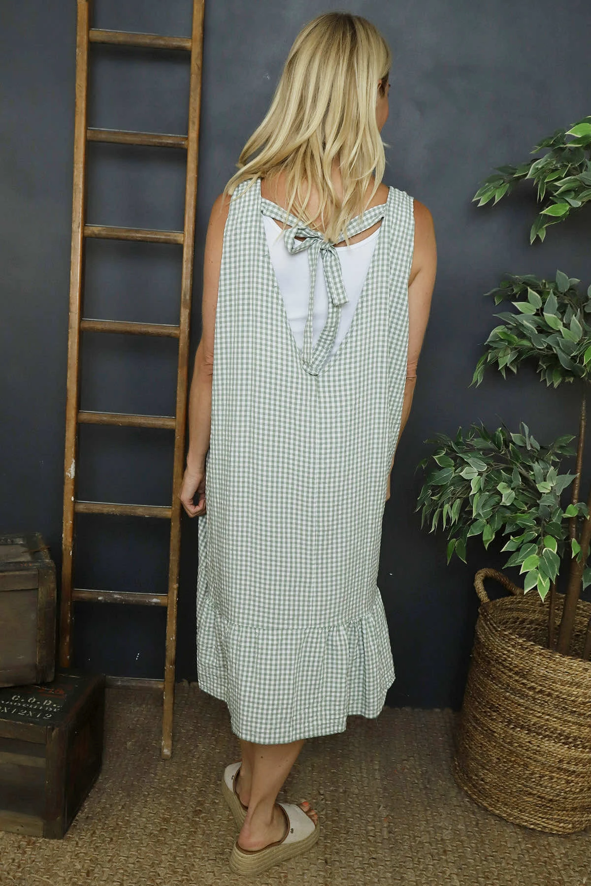 Imani Sleeveless Gingham Dress Khaki 6 Imani Sleeveless Gingham Dress Khaki - Image 4